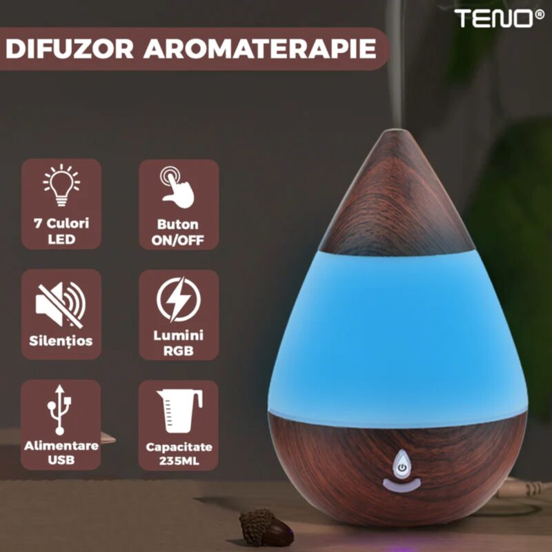 Difuzor Aromaterapie, Umidificator Silentios, 7 Culori LED cu Lumini Dinamice, Buton on/off, 235ml, Stejar Inchis, TENO215