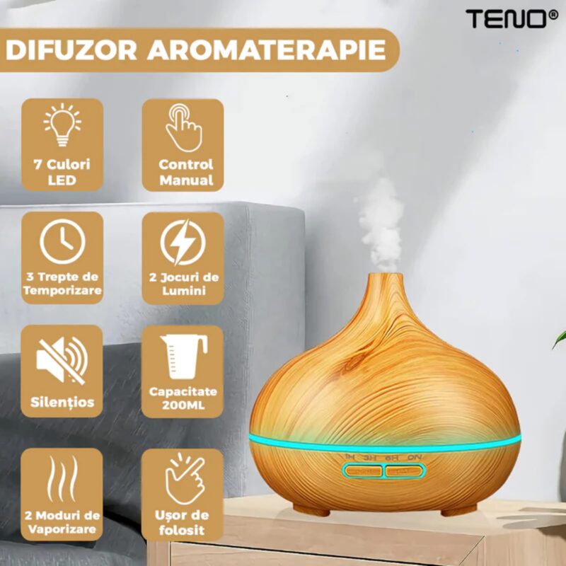 Difuzor Aromaterapie, Umidificator Silentios, 7 culori LED cu 2 Jocuri de Lumini, Capacitate 200ml, Stejar Deschis, TENO210