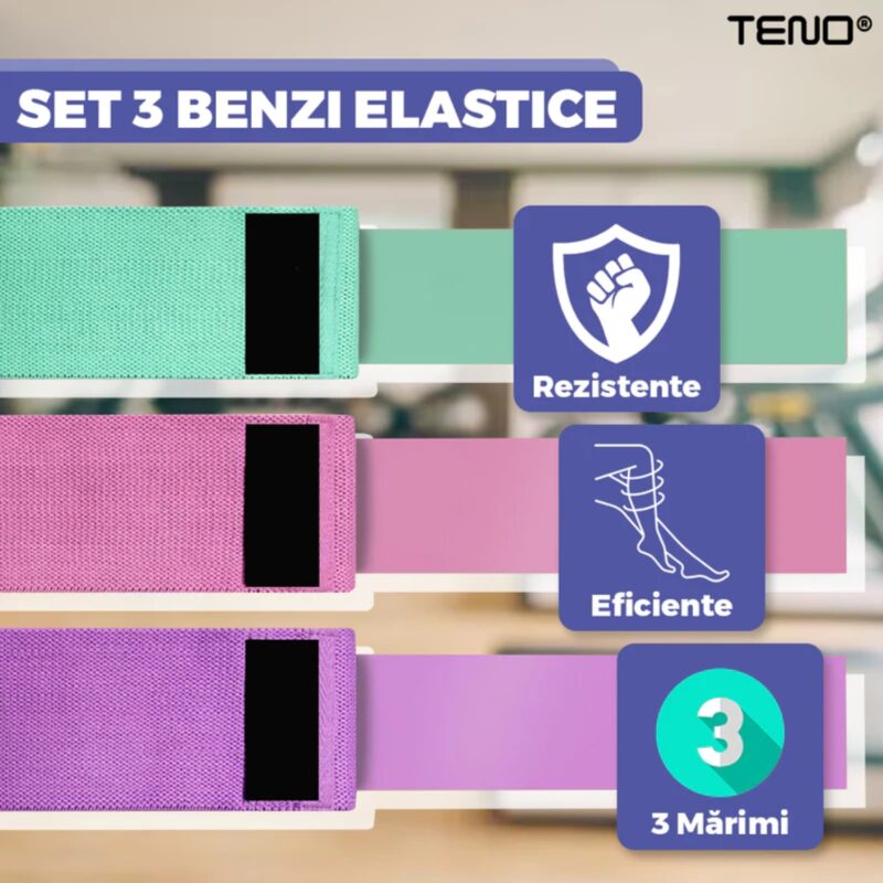 Set 3 Benzi Elastice Pentru Antrenament cu 3 Niveluri de Rezistenta, Pentru Incepatori/Intermediari/Avansati, TENO1212