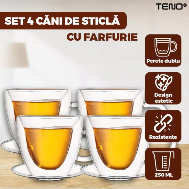 Set 4 Cani de Sticla cu Perete Dublu, Model Inimioara, 4 Farfurii Suport, Termorezistente, 250 ml, 9 x 8 cm, TENO1001