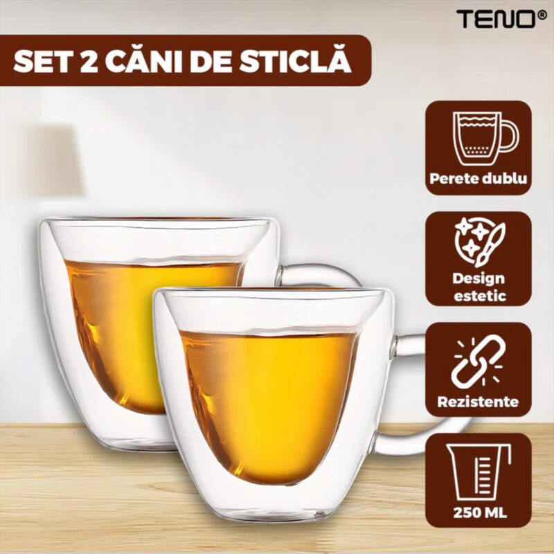 Set 2 Cani de Sticla cu Perete Dublu, Model Inimioara, Termorezistente, Capacitate 250 ml, 9x8 cm, TENO1002