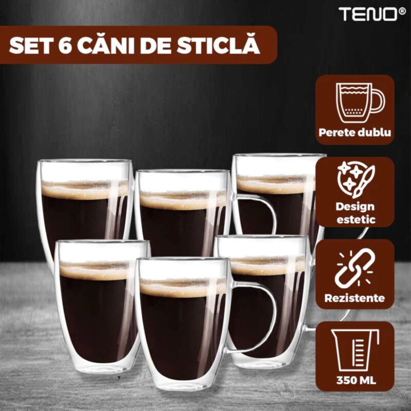 Set 6 Cani de Sticla cu Perete Dublu, Model Rotund, Termorezistente, Capacitate 350 ml, 12x9 cm, TENO421