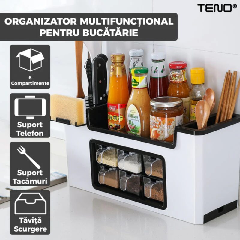 Organizator Multifunctional Pentru Bucatarie cu 6 Compartimente Pentru Condimente, Ustensile, Tavita Scurgere, Suport Telefon, TENO531