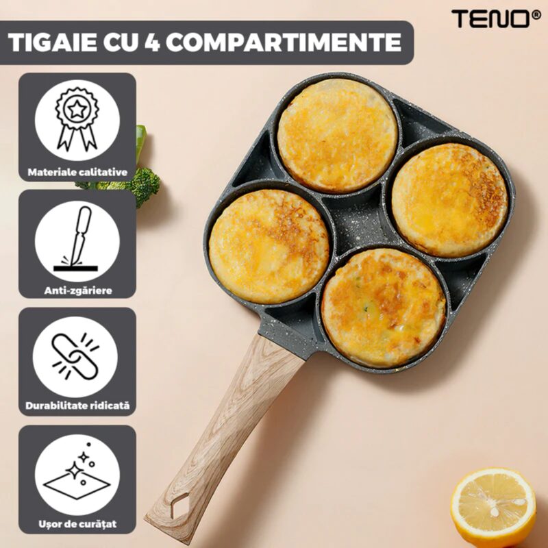 Tigaie Antiaderenta Pluristratificta cu 4 Compartimente, Aliaj din Aluminiu, Maner din Lemn, 32 cm, TENO1072