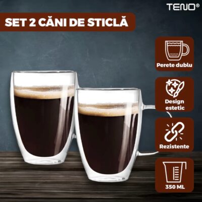 Set 2 Cani de Sticla cu Perete Dublu Termorezistente, Model Rotund, Capacitate 350 ml, 12x9 cm, TENO858