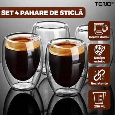 Set 4 Pahare din Sticla cu Perete Dublu Termorezistente, Design Modern, Capacitate 250 ml, 9x8 cm, TENO419