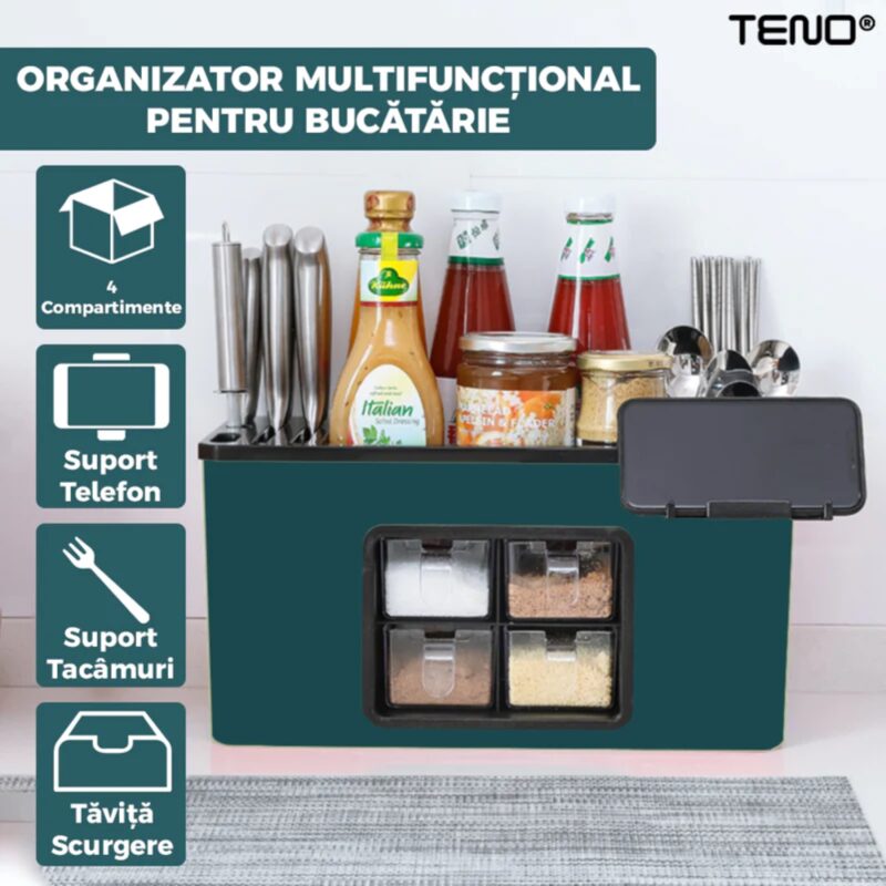 Organizator Multifunctional, 4 Compartimente, Raft Condimente, Tavita de Scurgere, Suport Tacamuri/Ustensile, TENO537