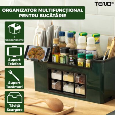 Organizator Multifunctional, 6 Compartimente, Raft Condimente, Suport Telefon, Tavita de Scurgere, Suport Tacamuri/Ustensile, TENO533