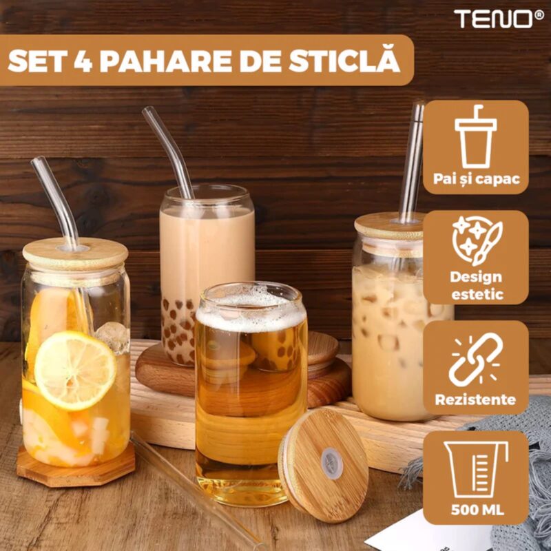 Set 4 Pahare de Sticla Borosilicata, Capac Din Bambus si Pai, Perie Pentru Curatare, Termorezistente, 500 ml, 15 cm, TENO1005