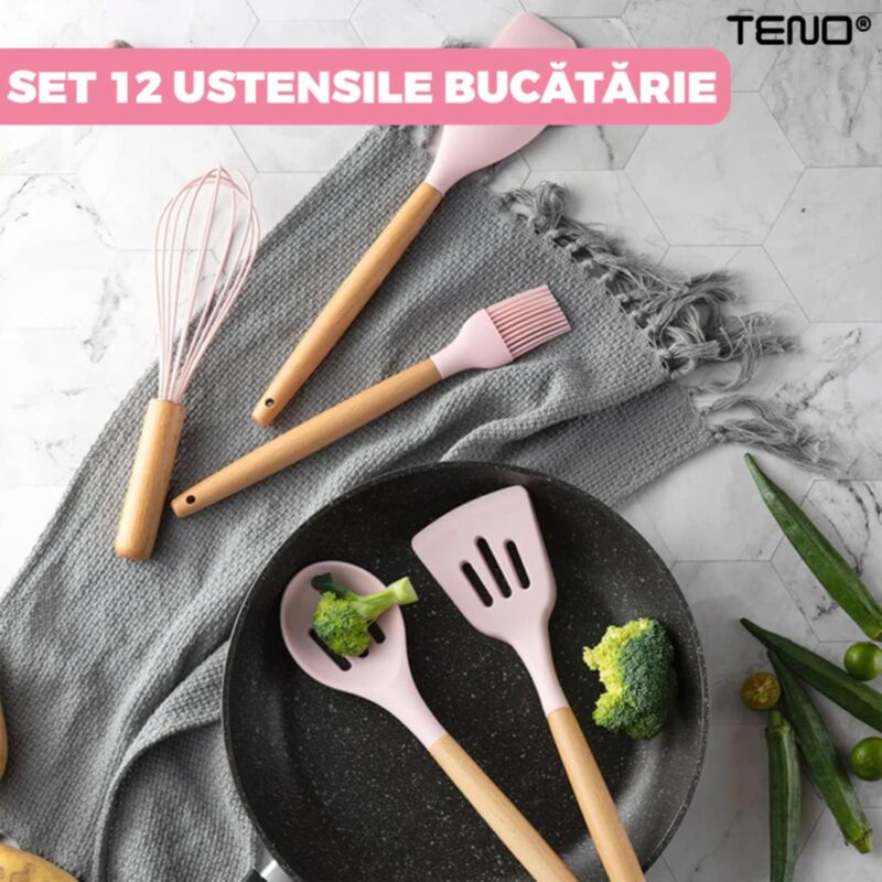 Set 12 Ustensile Pentru Bucatarie,Silicon Alimentar, Termorezistente, Antiaderente, Suport Inox, Roz, TENO821