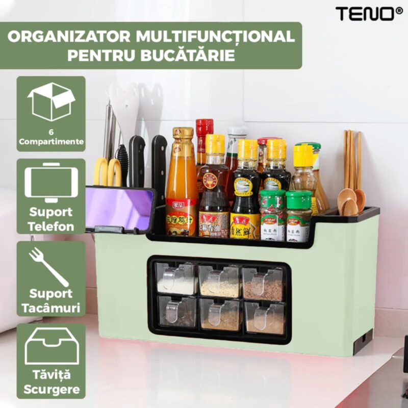 Organizator Multifunctional pentru Bucatarie cu 6 Compartimente Pentru Condimente, Tavita de Scurgere, Suport Tacamuri/Ustensile, TENO683