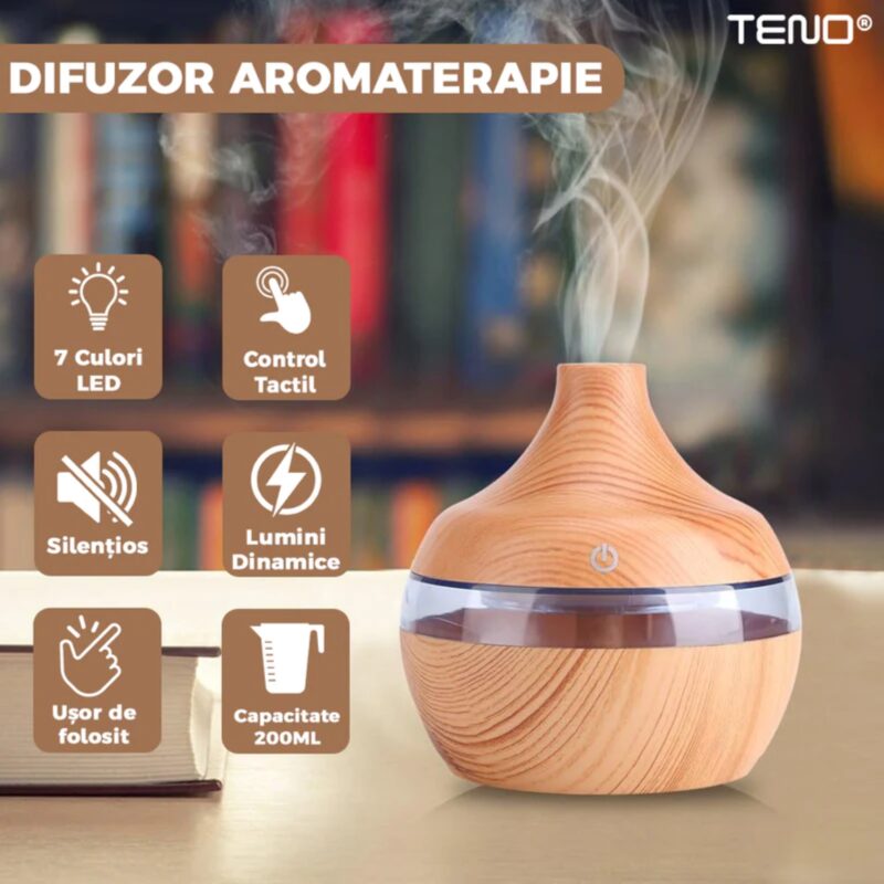 Difuzor Aromaterapie, Umidificator cu Ecran Tactil, 7 culori LED, Capacitate 200ml, Silentios, Rezerva Inclusa, Stejar Deschis, TENO209