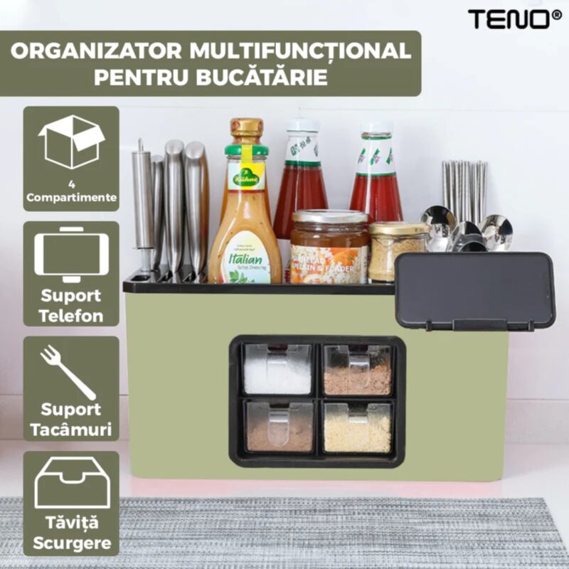 Organizator Multifunctional pentru Bucatarie cu 4 Compartimente Pentru Condimente, Tavita de Scurgere, Suport Tacamuri/Ustensile, TENO536