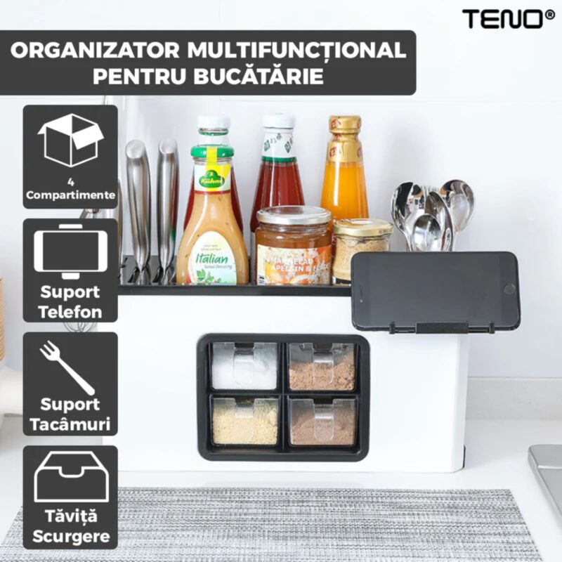 Organizator Multifunctional Pentru Bucatarie cu 4 Compartimente, Raft Condimente, Tavita de Scurgere, Suport Tacamuri/Ustensile, TENO534