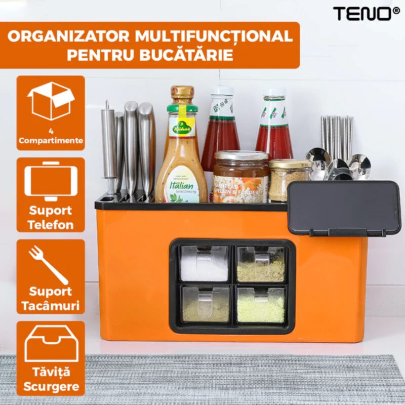 Organizator Multifunctional Pentru Bucatarie cu 4 Compartimente, Raft Condimente, Tavita de Scurgere, Suport Tacamuri/Ustensile, TENO603