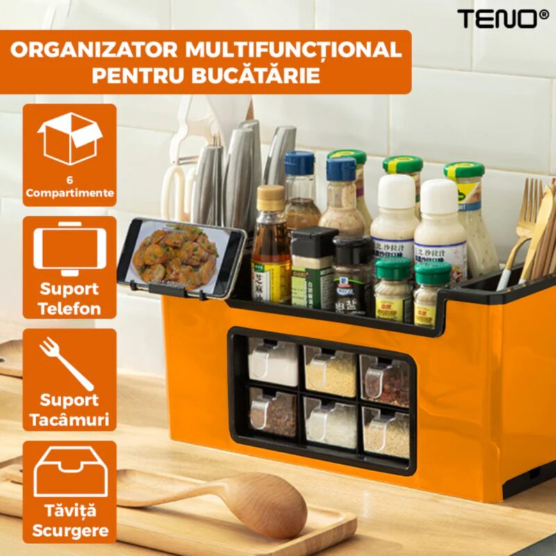 Organizator Multifunctional Pentru Bucatarie cu 6 Compartimente, Raft Condimente, Tavita de Scurgere, Suport Tacamuri/Ustensile, TENO601