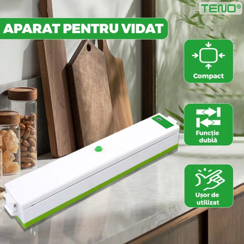 Aparat de Sigilat si Vidat Alimente si Obiecte, Vidare Umeda/Uscata/Soft, 90W, 220V, Portabil, Alb/Verde, TENO1311