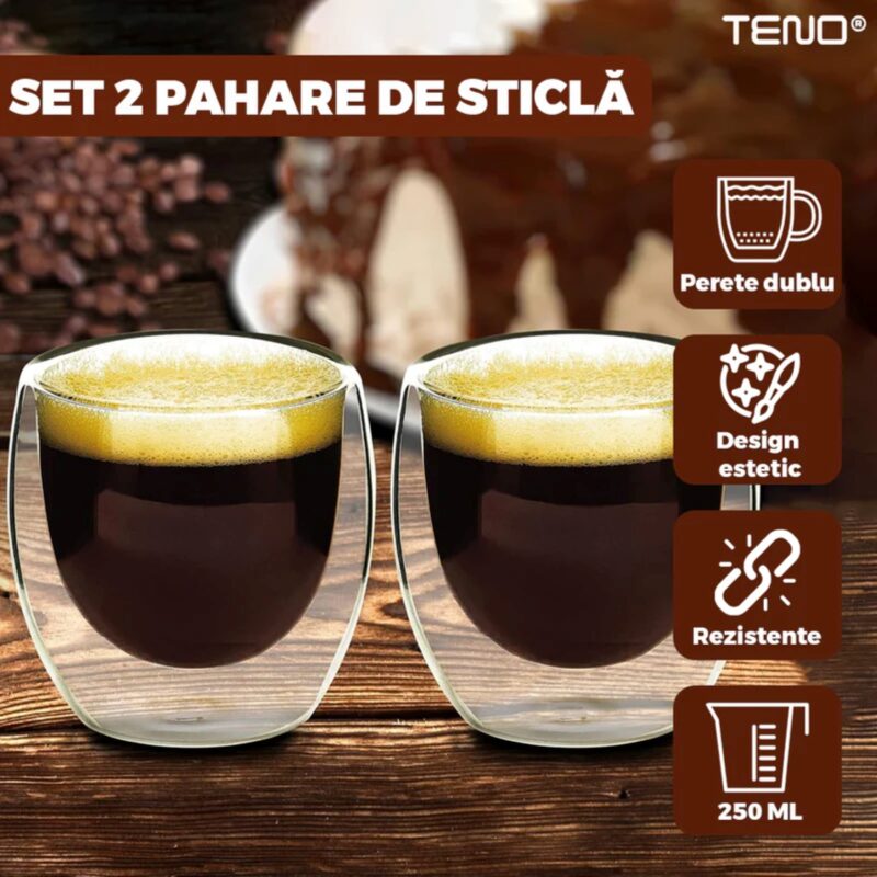 Set 2 Pahare din Sticla cu Perete Dublu Termorezistente, Design Modern, Capacitate 250 ml, 9x8 cm, TENO999