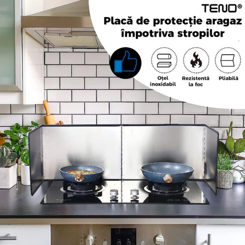 Placa de Protectie Pentru Aragaz Din Metal, Anti-Stropi, Panou cu 4 Elemente, Pliabila, 133x30cm, Argintiu, TENO86