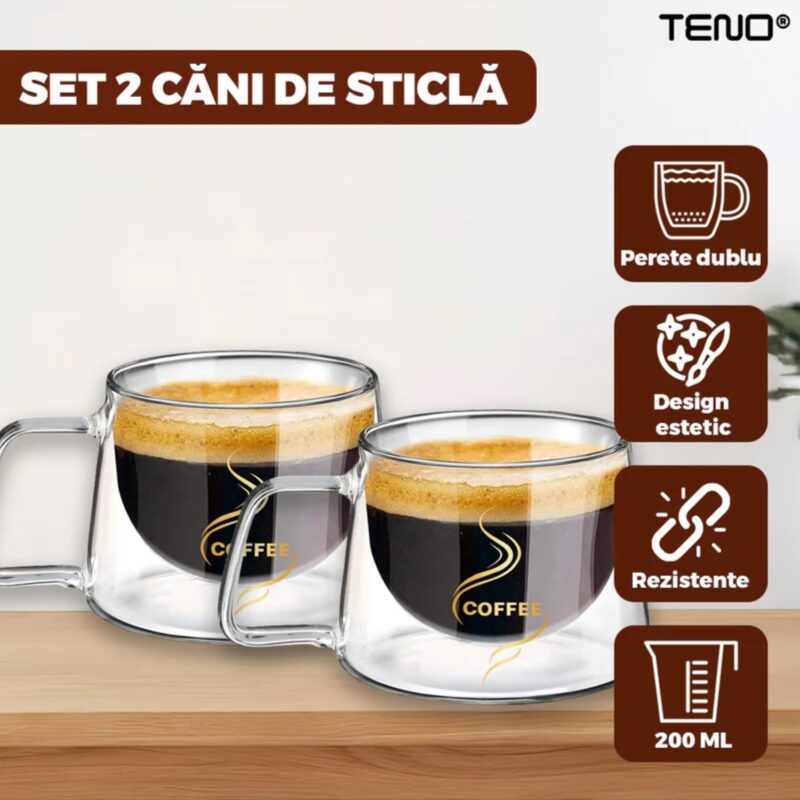 Set 2 Cani de Sticla cu Perete Dublu, Model COFFEE, Design Modern, Termorezistente, 200 ml, 12x8 cm, TENO1003