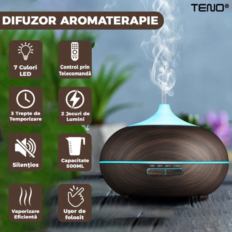 Difuzor Aromaterapie, Umidificator cu 2 Jocuri de Lumini, Control Prin Telecomanda, 7 culori LED, 500ml, TENO212