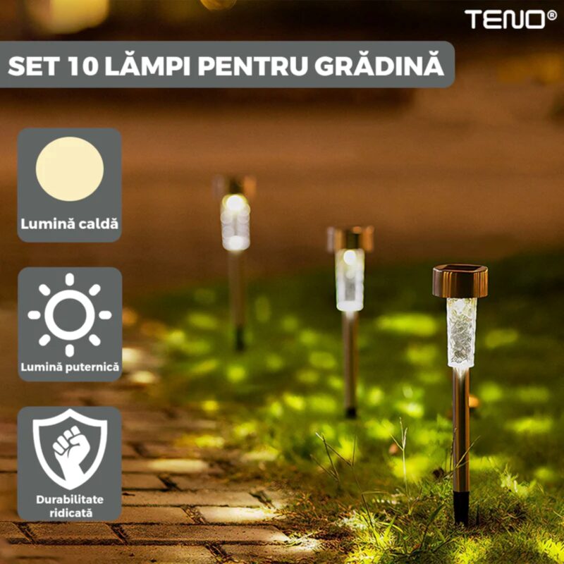 Set 10 Lampi Solare Pentru Gradina, LED, Incarcare Solara, Autonomie 8 Ore, Tip Tarus, Lumina Alb Cald, TENO1118