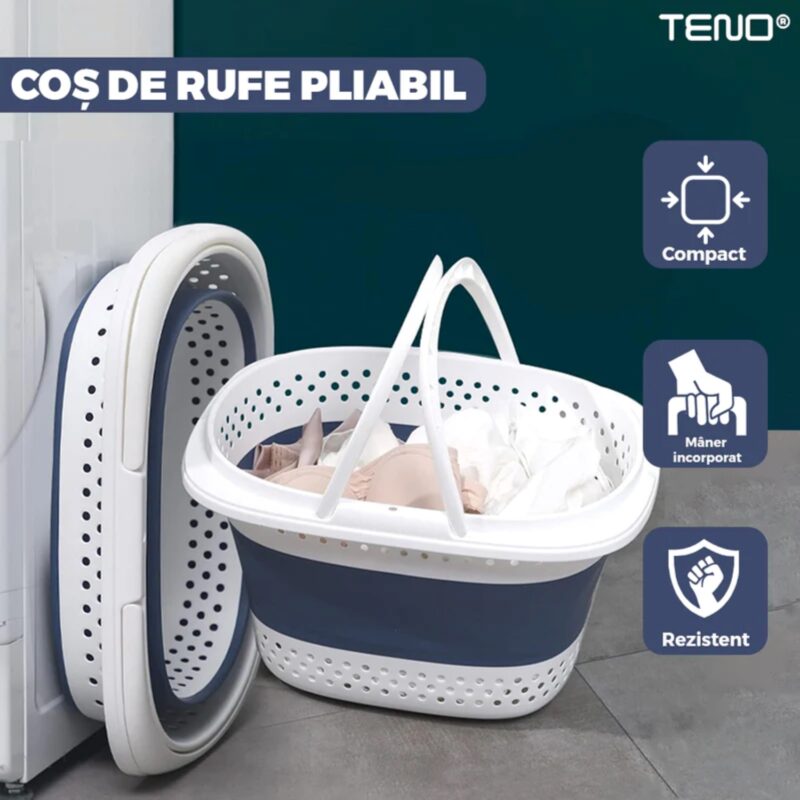 Cos de Rufe Pliabil cu Manere, Organizare si Depozitare, Multifunctional, 30 litri, 42x32x28 cm, Albastru, TENO942