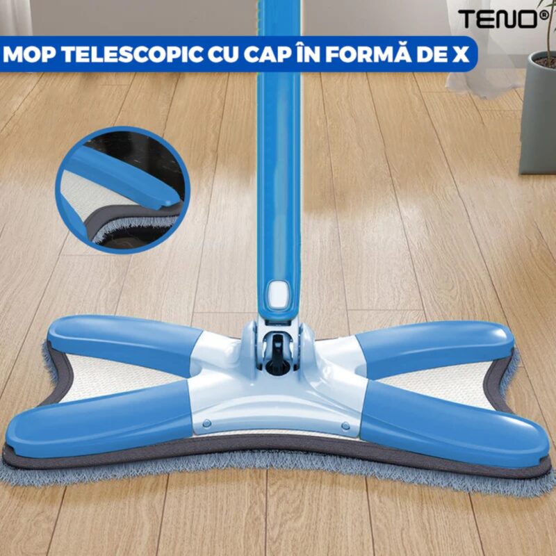 Mop Telescopic cu Cap in Forma de X, Rotire 360 Grade, 4 Lavete Incluse, 123 cm, Albastru Deschis, TENO554