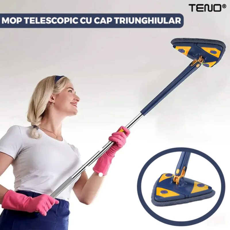 Mop Telescopic cu Cap Triunghiular, Rotire 360 Grade, 127 cm, Albastru/Galben, TENO1146