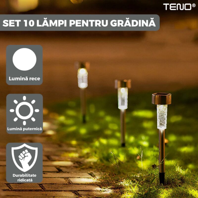 Set 10 Lampi Solare Pentru Gradina, LED, Incarcare Solara, Autonomie 8 Ore, Tip Tarus, PVC, Lumina Alb/Rece, TENO1119