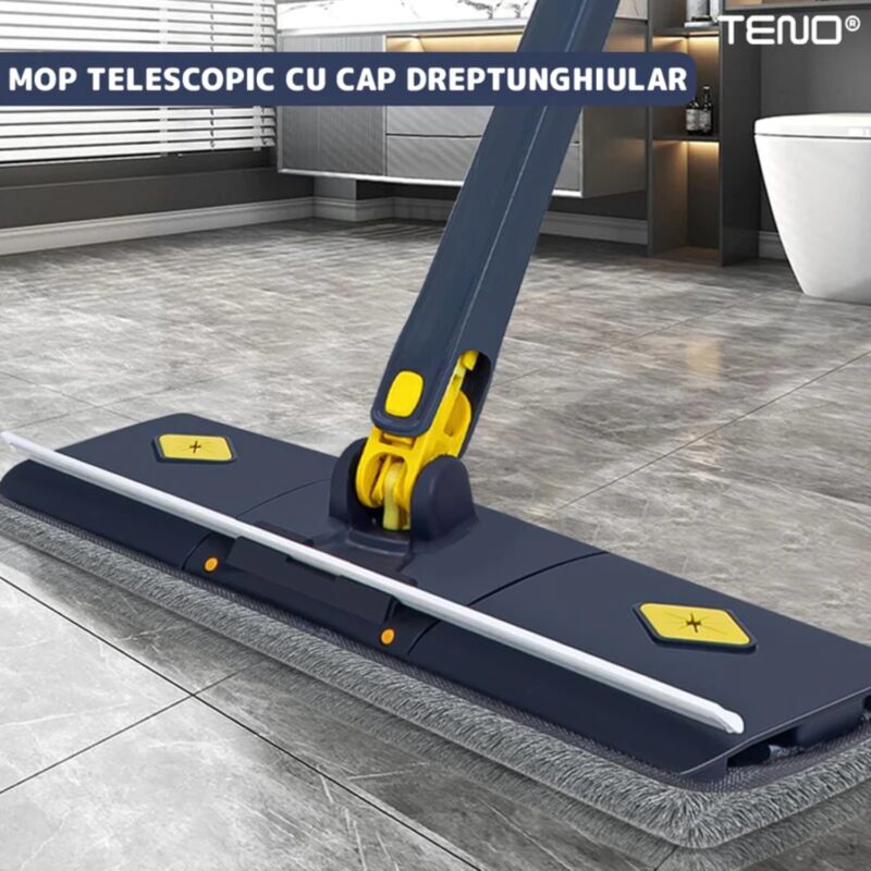 Mop Telescopic cu Cap Dreptunghiular, Rotire 360 Grade, 4 Lavete Incluse, 105 cm, Albastru/Galben, TENO641