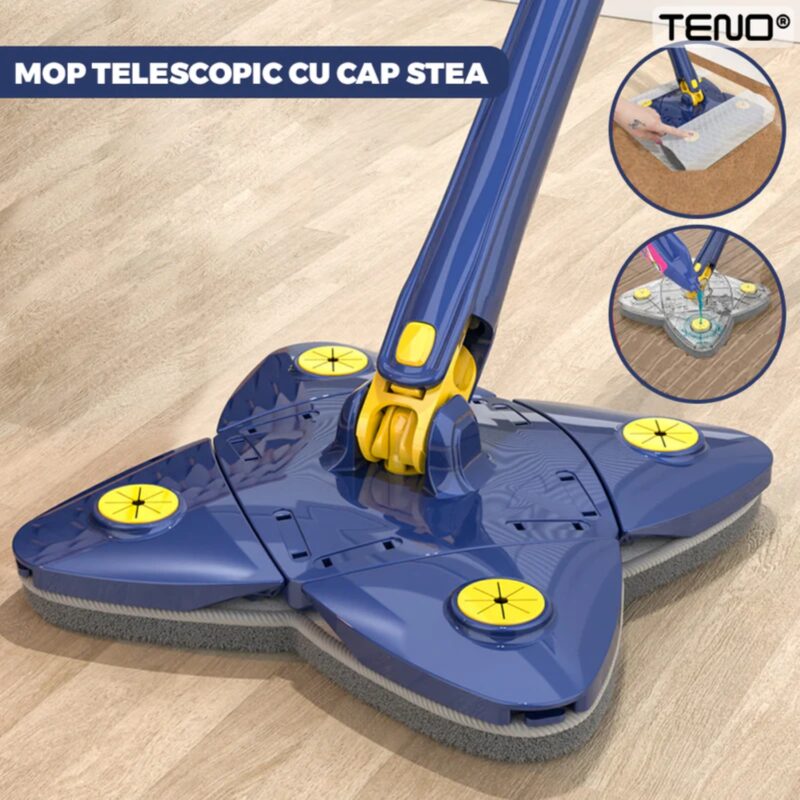 Mop Telescopic cu Cap in Forma de Stea, Rotire 360 Grade, Curatare Usoara, 123 cm, Albastru/Galben, TENO1154