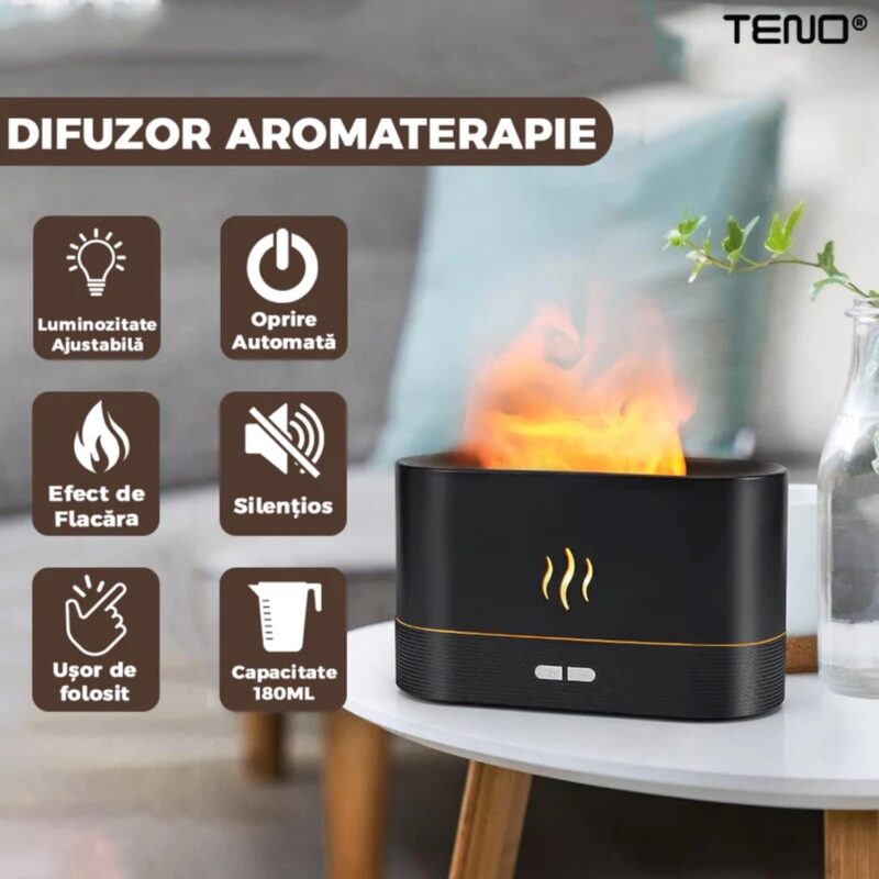 Difuzor Aromaterapie, Umidificator cu Efect de Flacara, 2 Trepte de Luminozitate, Silentios, Oprire Automata, 180ml, TENO218