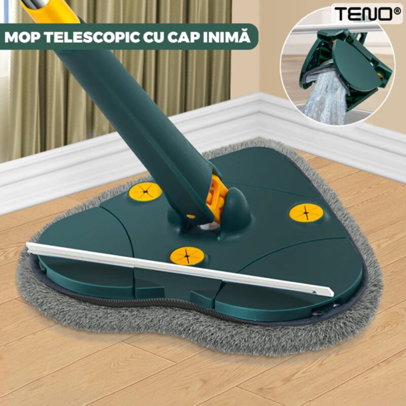 Mop Telescopic cu Cap in Forma de Inima, Rotire 360 Grade, 3 Lavete Incluse, 127 cm, Verde/Galben, TENO1156