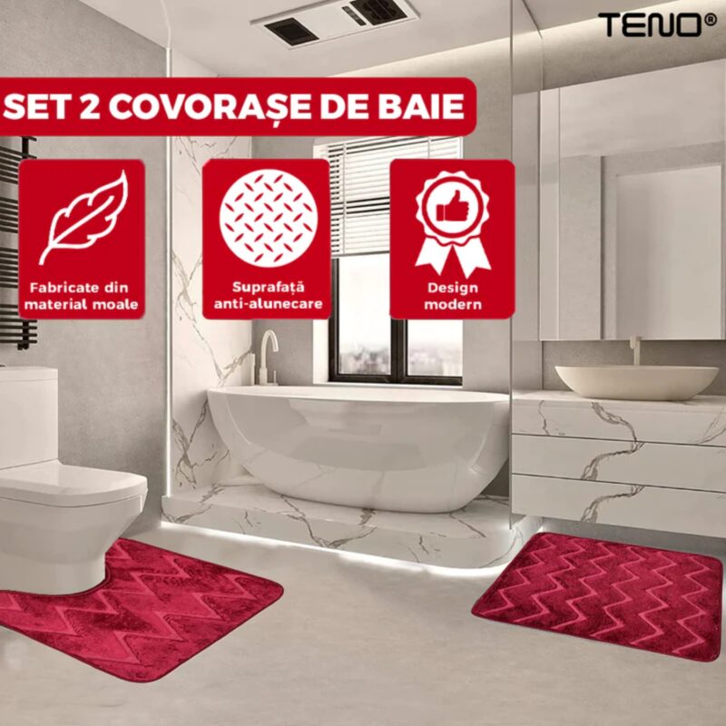 Set 2 Covorase de Baie, Anti-derapante, Material Moale, Design Modern, Model Romburi, 80x50 / 50x40cm, Rosu, TENO1018