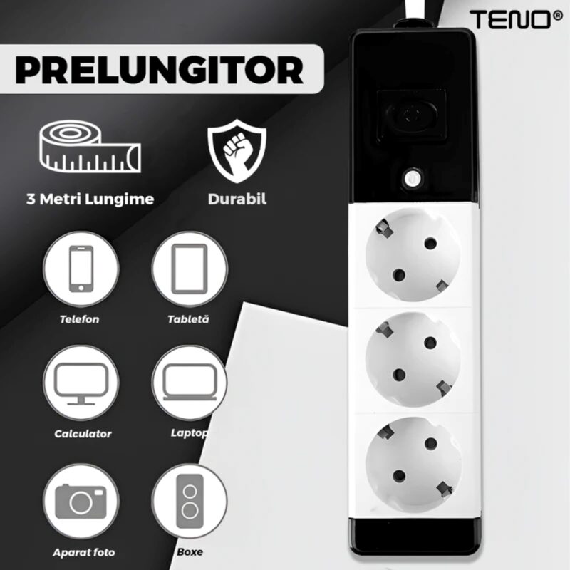 Prelungitor Universal cu 3 Prize, Suport de Agatare Incorporat, Rezistent la Temperaturi Inalte, 3 Metri, Negru/Alb, TENO1280