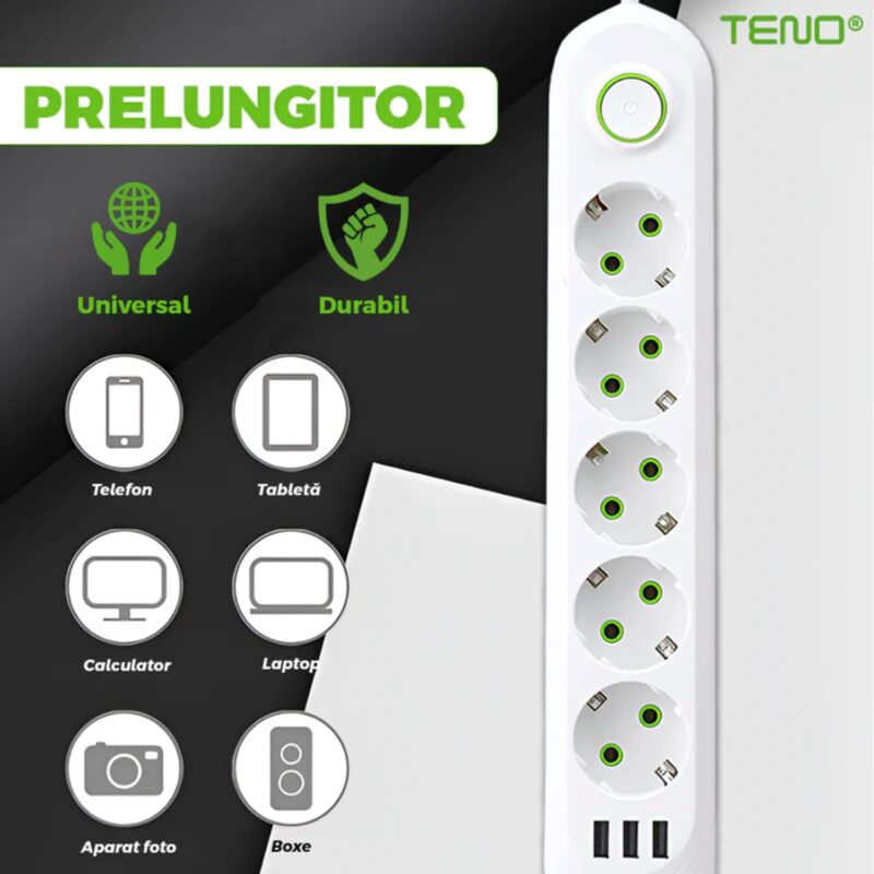 Prelungitor Universal cu 5 Prize, 3 Porturi USB, Suport de Agatare Incorporat, Rezistent la Temperaturi Inalte, 3 Metri, Alb, TENO1278