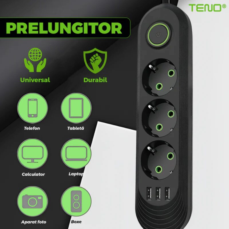 Prelungitor Universal cu 3 Prize, 3 Porturi USB, Suport de Agatare Incorporat, Rezistent la Temperaturi Inalte, 2 Metri, Negru, TENO1277