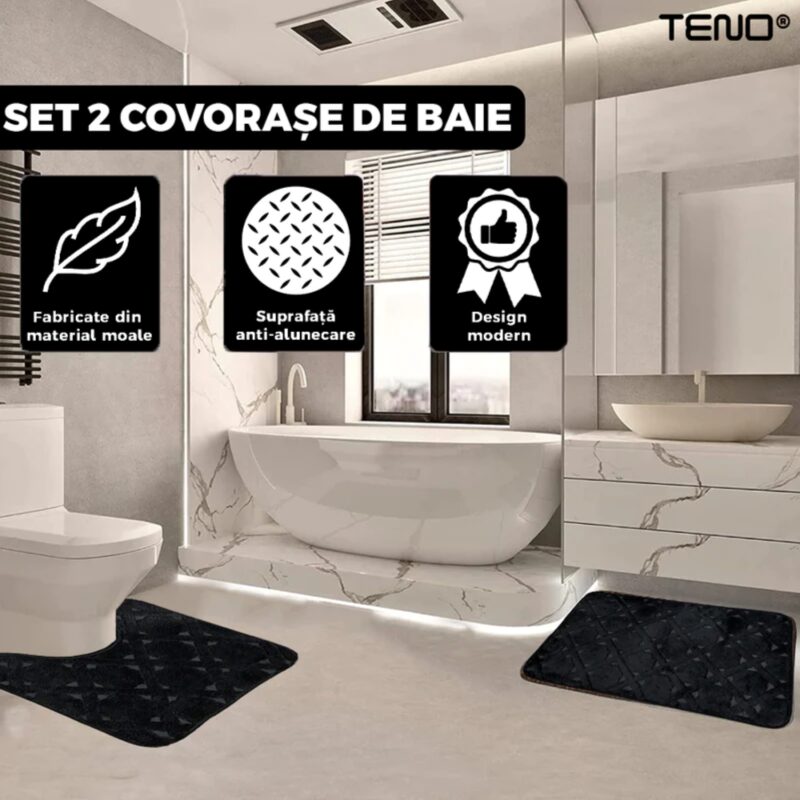 Set 2 Covorase de Baie, Anti-Derapante, Material Moale, Design Modern, Model Trifoi, 80x50 / 50x40cm, Negru, TENO1017