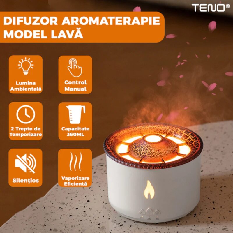 Difuzor Aromaterapie Lava cu 2 Culori LED, Capacitate 360ml, Silentios, Umidifica Aerul, Alb, TENO510