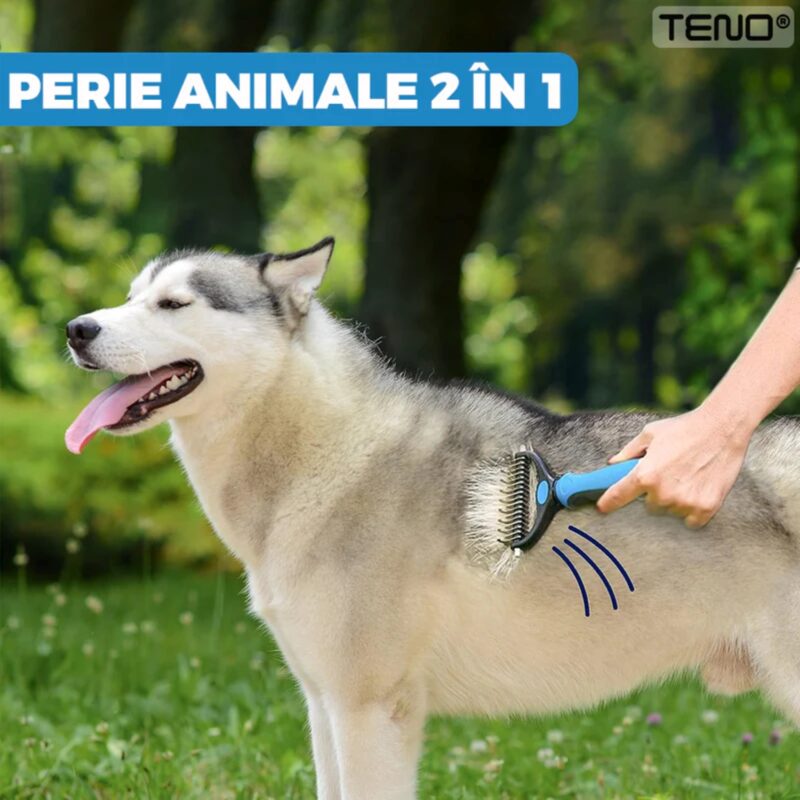 Perie de Par Caini, Pisici, Animale, Tesala si Perie Trimmer 2 in 1, Anti-Naparlire, Descalcire Blana, Pentru Tuns par Scurt si Lung, TENO430