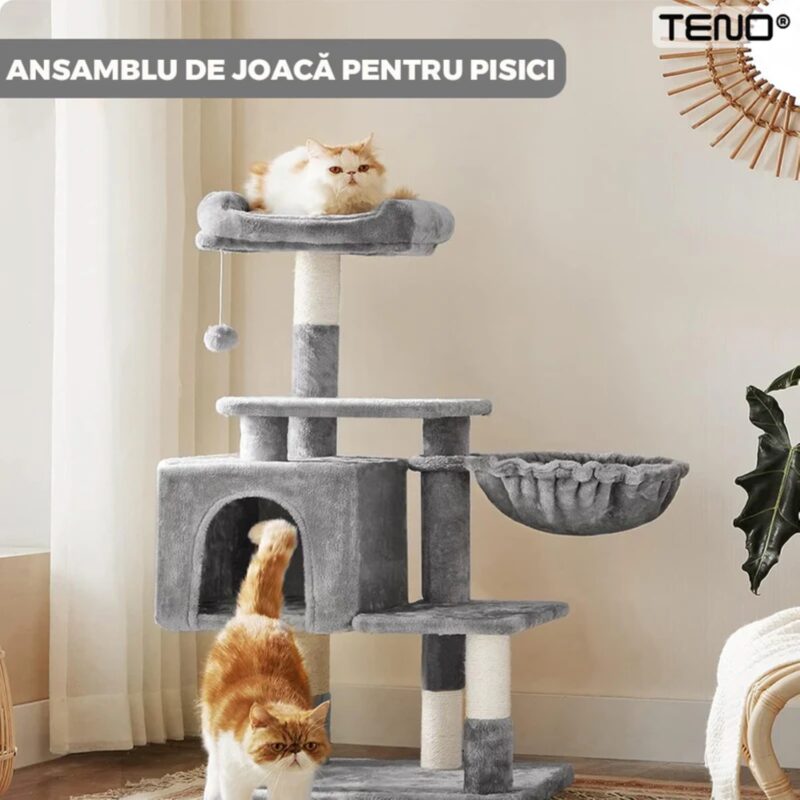 Ansamblu de Joaca Pentru Pisici cu 3 Platforme de Observatie, 3 Niveluri, 1 Casuta, Franghie si Minge, Stalpi Pentru Zgariat, 110 cm, TENO320