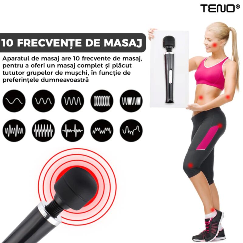 Aparat de Masaj cu 10 Frecvente de Vibratii, Pentru Dureri Musculare, Rezistent la Apa, USB, Negru, TENO224