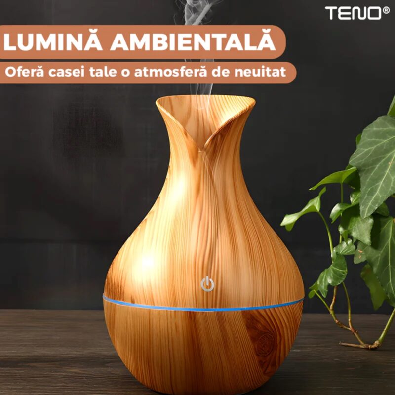 Difuzor Aromaterapie, Umidificator Silentios, Control Tactil, Lumini Ambientale, 200ml, Stejar Deschis, TENO219