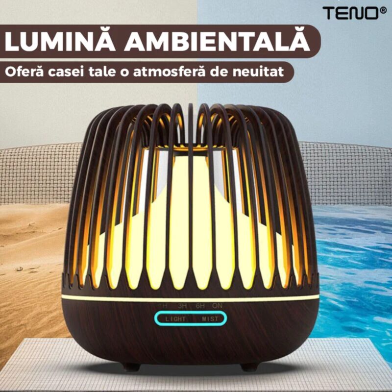 Difuzor Aromaterapie, Umidificator Silentios cu Lumini Ambientale, Control Manual, 3 Trepte de Temporizare, 500ml, Stejar Inchis, TENO222