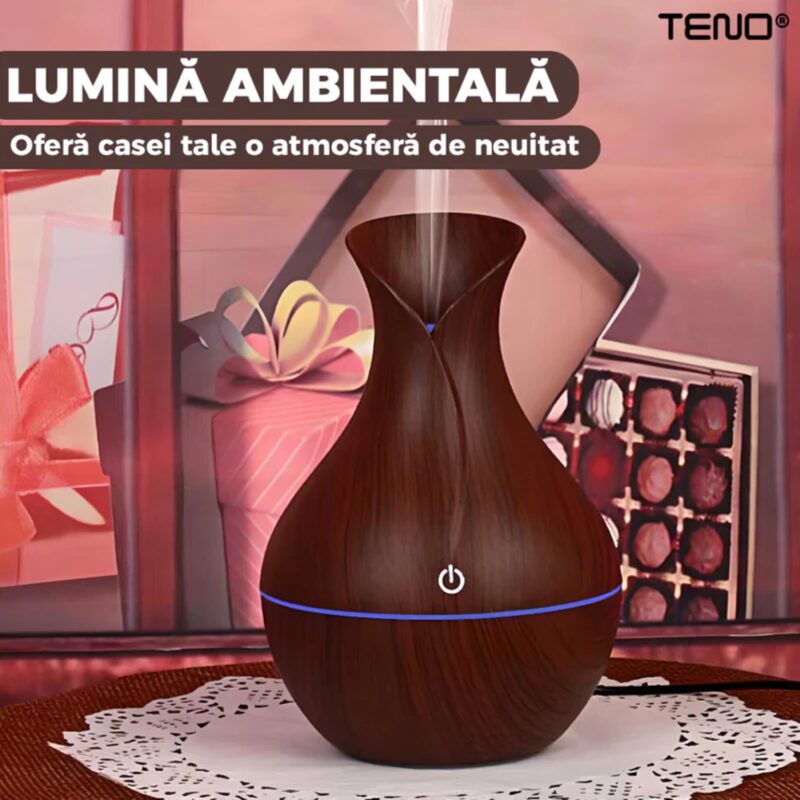 Difuzor Aromaterapie, Umidificator Silentios cu Lumini Ambientale, Control Tactil, Alimentare USB, Rezerva, Capacitate 200ml, TENO220