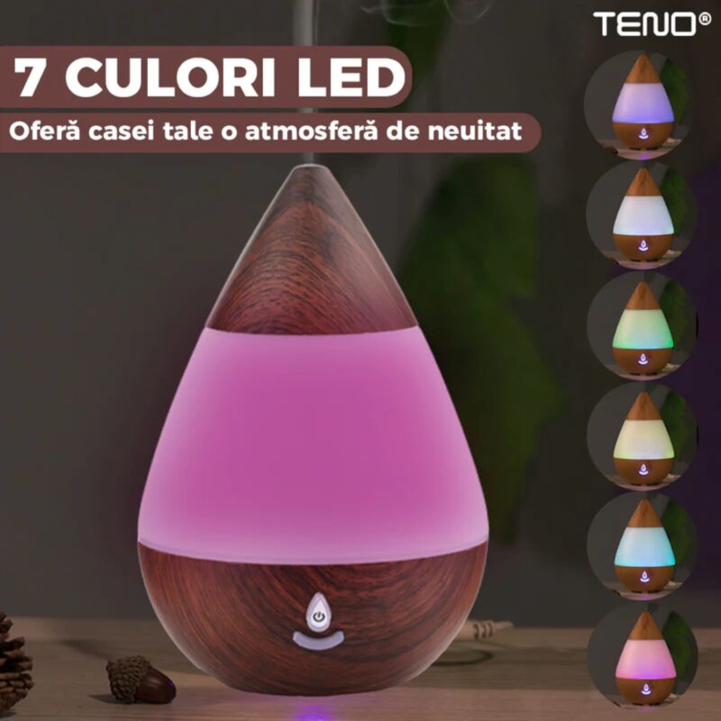 Difuzor Aromaterapie, Umidificator Silentios, 7 Culori LED cu Lumini Dinamice, Buton on/off, 235ml, Stejar Inchis, TENO215