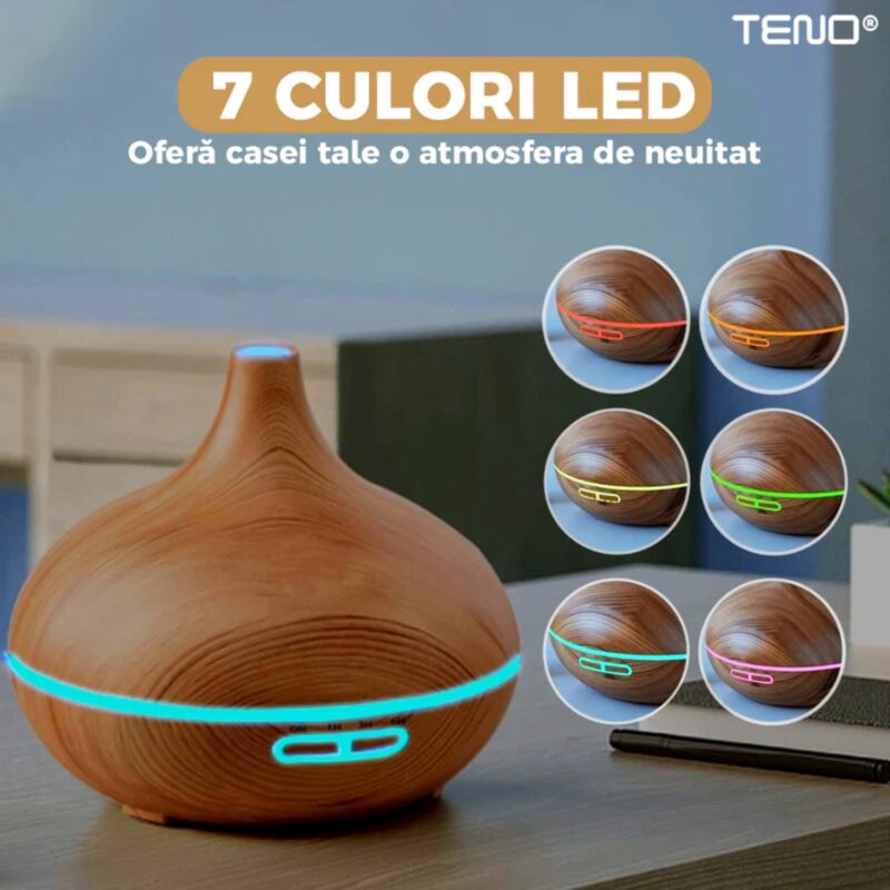 Difuzor Aromaterapie, Umidificator Silentios, 7 culori LED cu 2 Jocuri de Lumini, Capacitate 200ml, Stejar Deschis, TENO210