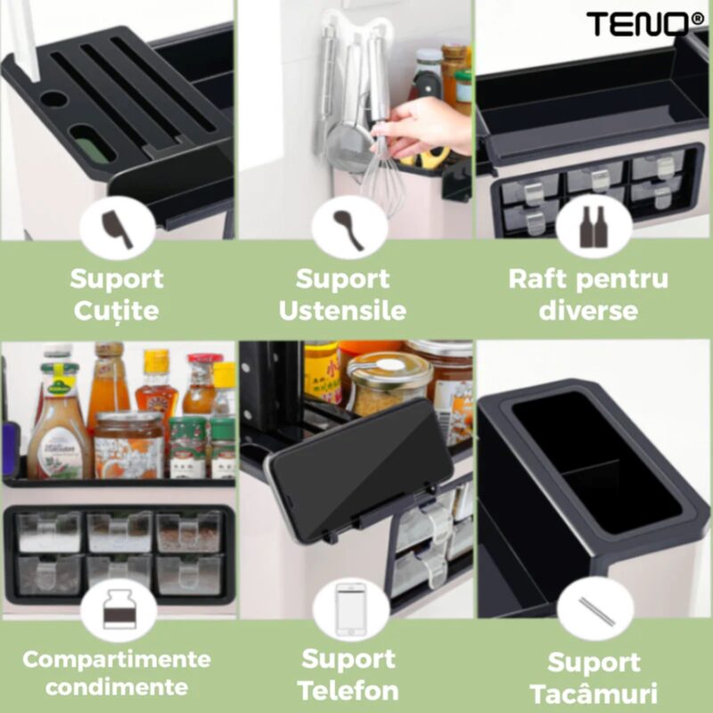 Organizator Multifunctional Pentru Bucatarie cu 6 Compartimente Pentru Condimente, Ustensile, Tavita Scurgere, Suport Telefon, TENO531