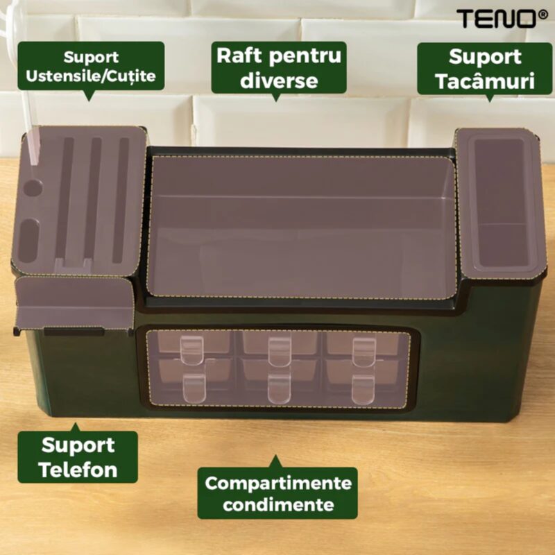 Organizator Multifunctional, 6 Compartimente, Raft Condimente, Suport Telefon, Tavita de Scurgere, Suport Tacamuri/Ustensile, TENO533